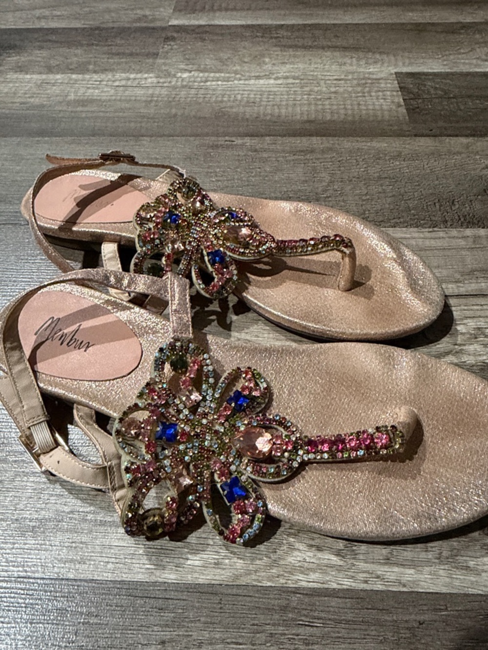 Menbur Rose Gold T-Strap Sandals with Multicolor Jewel Floral Appliqué